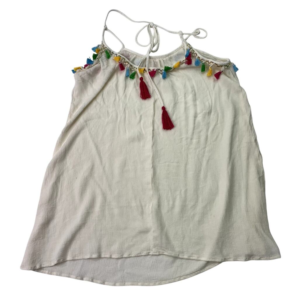Francesca's Swim Womens Medium Boho Swim Coverup Poms Cream Multicolor